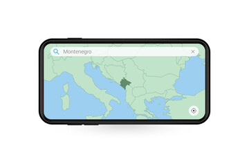Searching map of Montenegro in Smartphone map application. Map of Montenegro in Cell Phone.