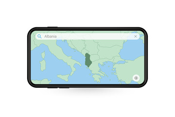 Searching map of Albania in Smartphone map application. Map of Albania in Cell Phone.