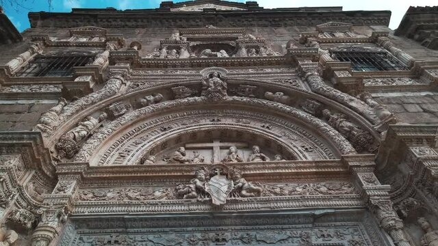 Moving down up view to ancient building of The Convent of la Concepcion Francisca located in Toledo. Famous places and travel destinations, old architecture concept. Castilla La Mancha, Europe, Spain
