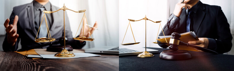 Business and lawyers discussing contract papers with brass scale on desk in office. Law, legal...