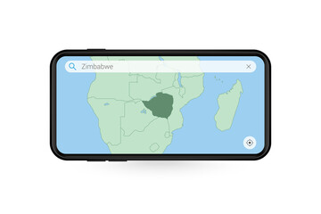 Searching map of Zimbabwe in Smartphone map application. Map of Zimbabwe in Cell Phone.