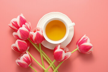 Fototapeta na wymiar white cup of tea with pink tulips top view at the pink background, copy space for the text, beautiful spring background, mother day or romantic theme