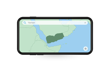 Searching map of Yemen in Smartphone map application. Map of Yemen in Cell Phone.