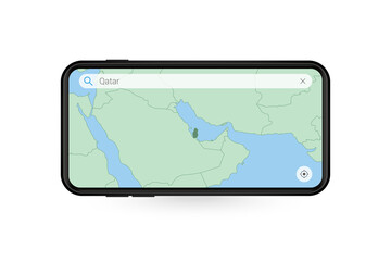 Searching map of Qatar in Smartphone map application. Map of Qatar in Cell Phone.