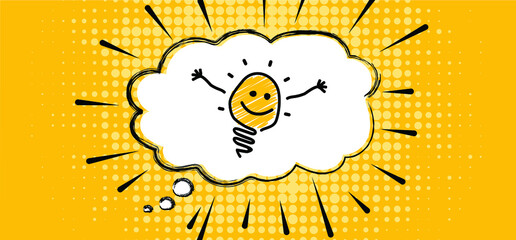 Speech bubble cloud. Comic brain electric lamp idea doodle FAQ, business loading concept Fun vector light bulb icon Ideas sign Brilliant lightbulb education  or invention pictogram banner Think quote