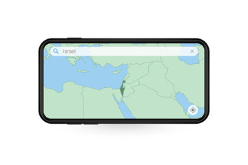 Searching map of Israel in Smartphone map application. Map of Israel in Cell Phone.
