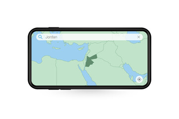 Searching map of Jordan in Smartphone map application. Map of Jordan in Cell Phone.