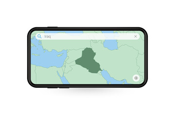 Searching map of Iraq in Smartphone map application. Map of Iraq in Cell Phone.