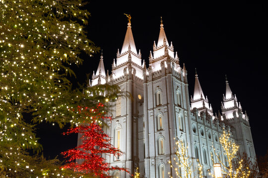 Mormon Temple illuminated at night, Salt Lake City, Utah, USA