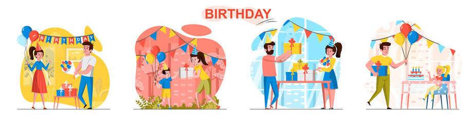 Birthday concept scenes set. Friends have fun at party, parents congratulate children and give them gifts at festive. Collection of people activities. Vector illustration of characters in flat design
