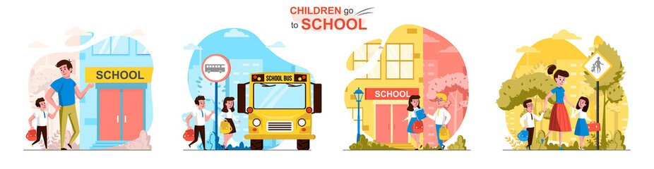 Children go to school concept scenes set. Parents take their children to school, students with bags rush to lessons. Collection of people activities. Vector illustration of characters in flat design