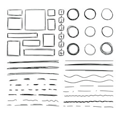 Vector Set of Hand Drawn Square and Circle Frames and Underline Strokes, Scribble Drawings Isolated on White Background.
