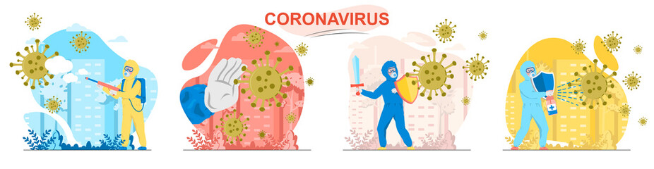 Coronavirus concept scenes set. Stop covid-19. Doctors and medical workers fight virus disease, protecting health. Collection of people activities. Vector illustration of characters in flat design