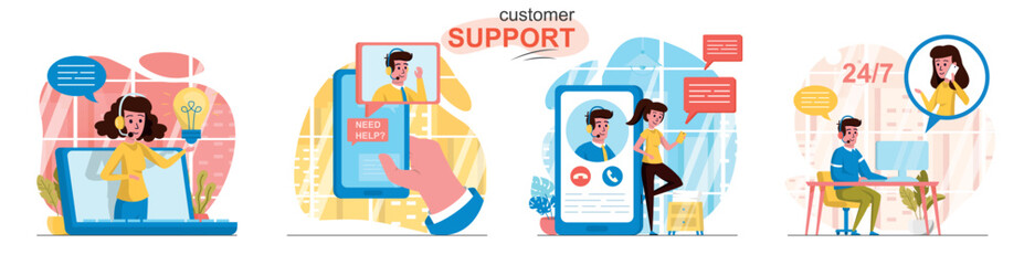 Customer support concept scenes set. Hotline operators advising clients, online help center, feedback messages. Collection of people activities. Vector illustration of characters in flat design