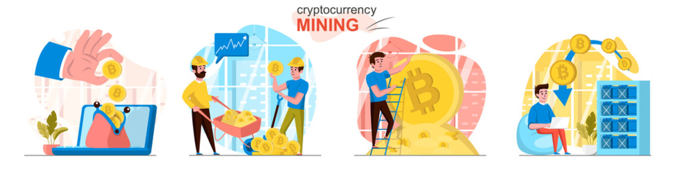 Cryptocurrency mining concept scenes set. Miners create digital money or bitcoins, blockchain tech, increase profits. Collection of people activities. Vector illustration of characters in flat design