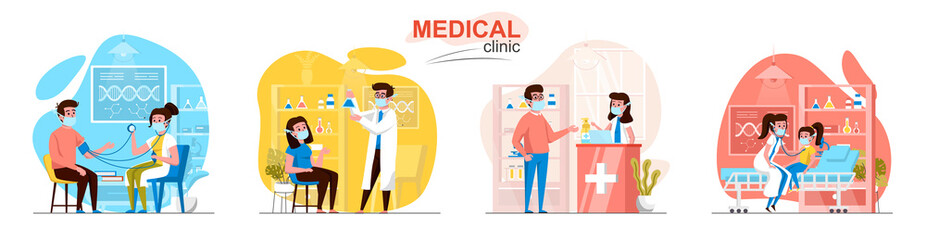 Medical clinic concept scenes set. Patient visit doctor, diagnostics, laboratory, pharmacy, pediatrician treats kid. Collection of people activities. Vector illustration of characters in flat design