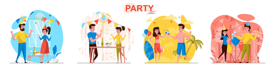 Party concept scenes set. Men and women dance, celebrate birthday, have fun on vacation on holiday, festive event. Collection of people activities. Vector illustration of characters in flat design