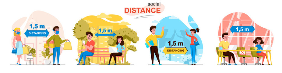 Social distance concept scenes set. Man and woman keep distance of 1.5 meters at shopping, in park, in cafe, greeting. Collection of people activities. Vector illustration of characters in flat design