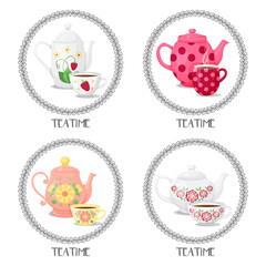 Fototapeta premium set from frames with teacups and teapots. Teatime. Vector illustration. Cartoon style. Isolated on white.