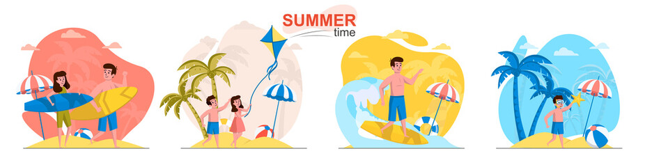 Summer time concept scenes set. Man and woman surfing, children swimming in sea, travel vacation at seaside resort. Collection of people activities. Vector illustration of characters in flat design