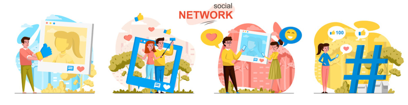 Social network concept scenes set. Man and woman take selfie, post photos, collect likes and comments, followers. Collection of people activities. Vector illustration of characters in flat design