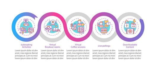 Fototapeta premium VE success tips vector infographic template. Breakout rooms, coffee sessions presentation design elements. Data visualization with 5 steps. Process timeline chart. Workflow layout with linear icons
