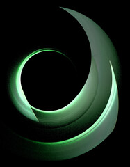 The turquoise green arcuate elements are beautifully stacked on top of each other against a black background.  Graphic design element. 3d rendering. 3d illustration. Symbol, sign, icon, logo.