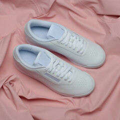 White womens sneakers with pink background