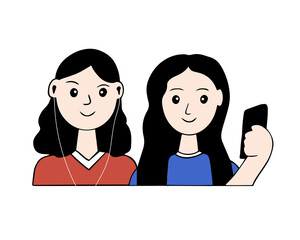 A pair of character avatars. Teenagers spending time together. Girlfriends taking photos of selves on a mobile phone. Vector illustration, isolated on white background