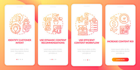 Smart content creation tips red onboarding mobile app page screen with concept. Efficient workflow walkthrough 5 steps graphic instructions. UI, UX, GUI vector template with linear color illustrations