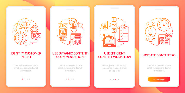 Smart content creation tips red onboarding mobile app page screen with concept. Efficient workflow walkthrough 5 steps graphic instructions. UI, UX, GUI vector template with linear color illustrations