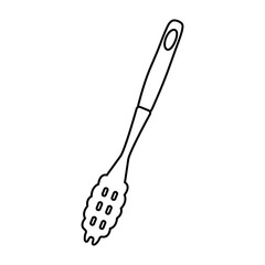 Kitchen spoon for spaghetti doodle. Household equipment hand drawing. Metallic Kitchen Accessory Ladle. Kitchen interior. Isolated object on white background. Vector illustration.