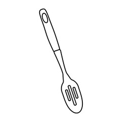 Kitchen skimmer doodle. Household equipment hand drawing. Metallic Kitchen Accessory Ladle. Kitchen interior. Isolated object on white background. Vector illustration.