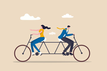 Business conflict, controversy or disagreement causing problem and failure concept, businessman and businesswoman colleagues or working team trying hard riding bicycle in opposite direction. - obrazy, fototapety, plakaty
