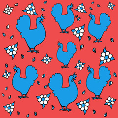 chicken, kvochka, klusha, hen, on a beige,light green, red, yellow background. Digital illustration is designed for printing on any type of textile:dress, tunic, pajamas, bed linen, apron for a daught