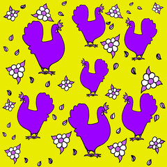 chicken, kvochka, klusha, hen, on a beige,light green, red, yellow background. Digital illustration is designed for printing on any type of textile:dress, tunic, pajamas, bed linen, apron for a daught