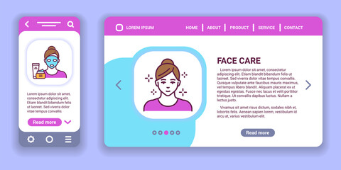 Face care web banner and mobile app kit. Health care. Outline vector illustration