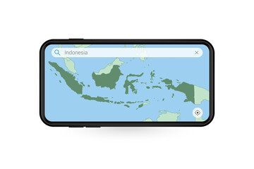 Searching map of Indonesia in Smartphone map application. Map of Indonesia in Cell Phone.
