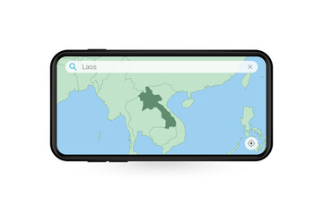 Searching map of Laos in Smartphone map application. Map of Laos in Cell Phone.