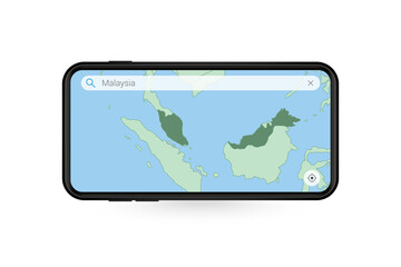 Searching map of Malaysia in Smartphone map application. Map of Malaysia in Cell Phone.