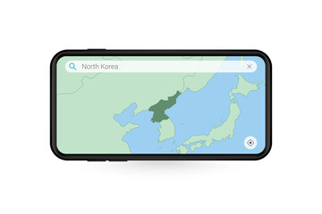 Searching map of North Korea in Smartphone map application. Map of North Korea in Cell Phone.