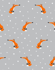 seamless pattern with funny cartoon foxes and snow