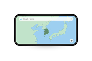 Searching map of South Korea in Smartphone map application. Map of South Korea in Cell Phone.