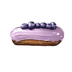 Dessert with berries, Eclair with purple glaze and blueberries, Procreate sketch, Raster illustration, Isolated on white