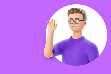 Happy cartoon character man in glasses waving hand and saying hello through circle in purple background with copy space. © Foxstudio