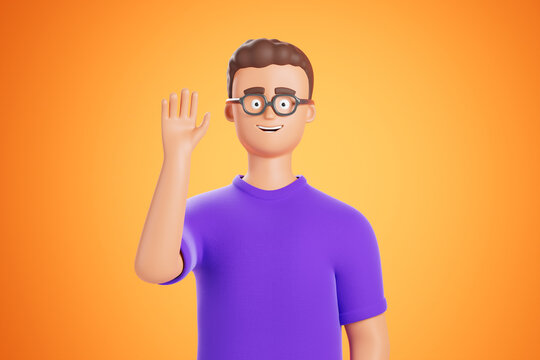 Handsome cartoon character man in glasses and purple t-shirt waving hand and saying hello over yellow background.