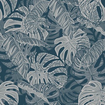 Tropics monstera leaves bananon palm patern seamless hand drawn illustration exotic print textile jungle