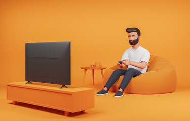 Cartoon beard character seat on bag armchair and play video game with tv and gamepad over yellow background. © Foxstudio
