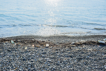 garbage, junk, litter, broken tree branches on pebble shore sea beach, environmental protection concept, horizontal lifestyle stock photo image photography background
