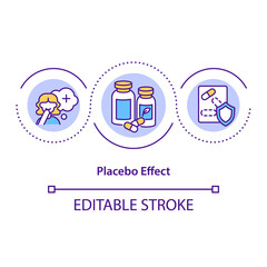 Placebo effect concept icon. Positive results from fake treatment idea thin line illustration. Beneficial effect. Neurobiological reaction. Vector isolated outline RGB color drawing. Editable stroke